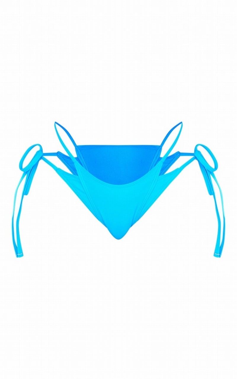 Pantaloni De Bikini Pretty Little Thing Bright Double Curea Tie Side Albastri Deschis | EVGR16890