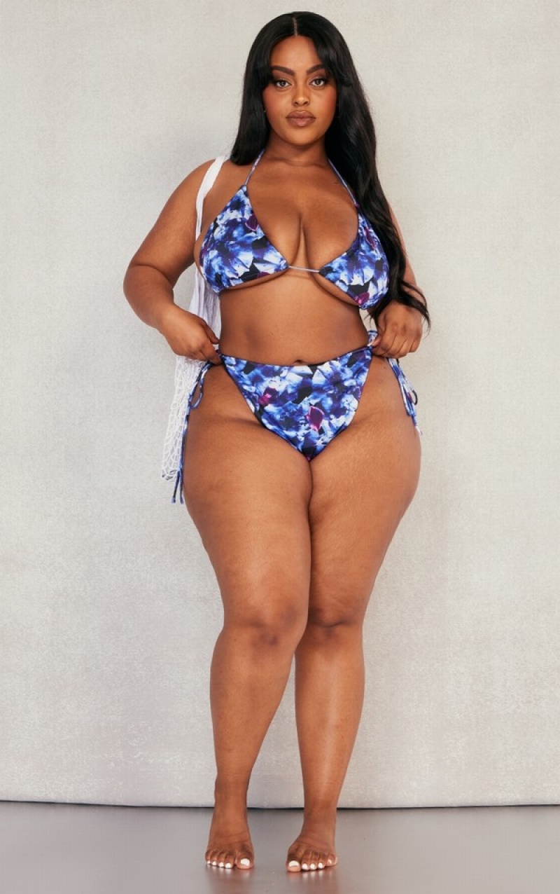 Pantaloni De Bikini Pretty Little Thing Plus Floral Tie Side High Talie Albastri | MUXE53961