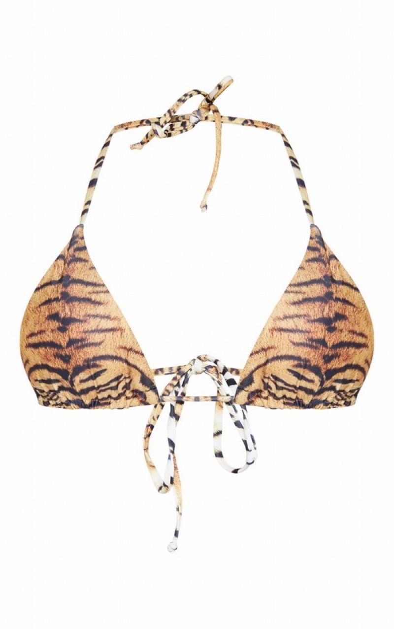 Pantaloni De Bikini Pretty Little Thing Tiger Adjustable String Tie Căptușită Triangle Maro | VMRU21805
