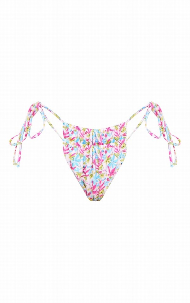 Pantaloni De Bikini Pretty Little Thing Sketched Floral Tie Side Albastri | HSBV81934
