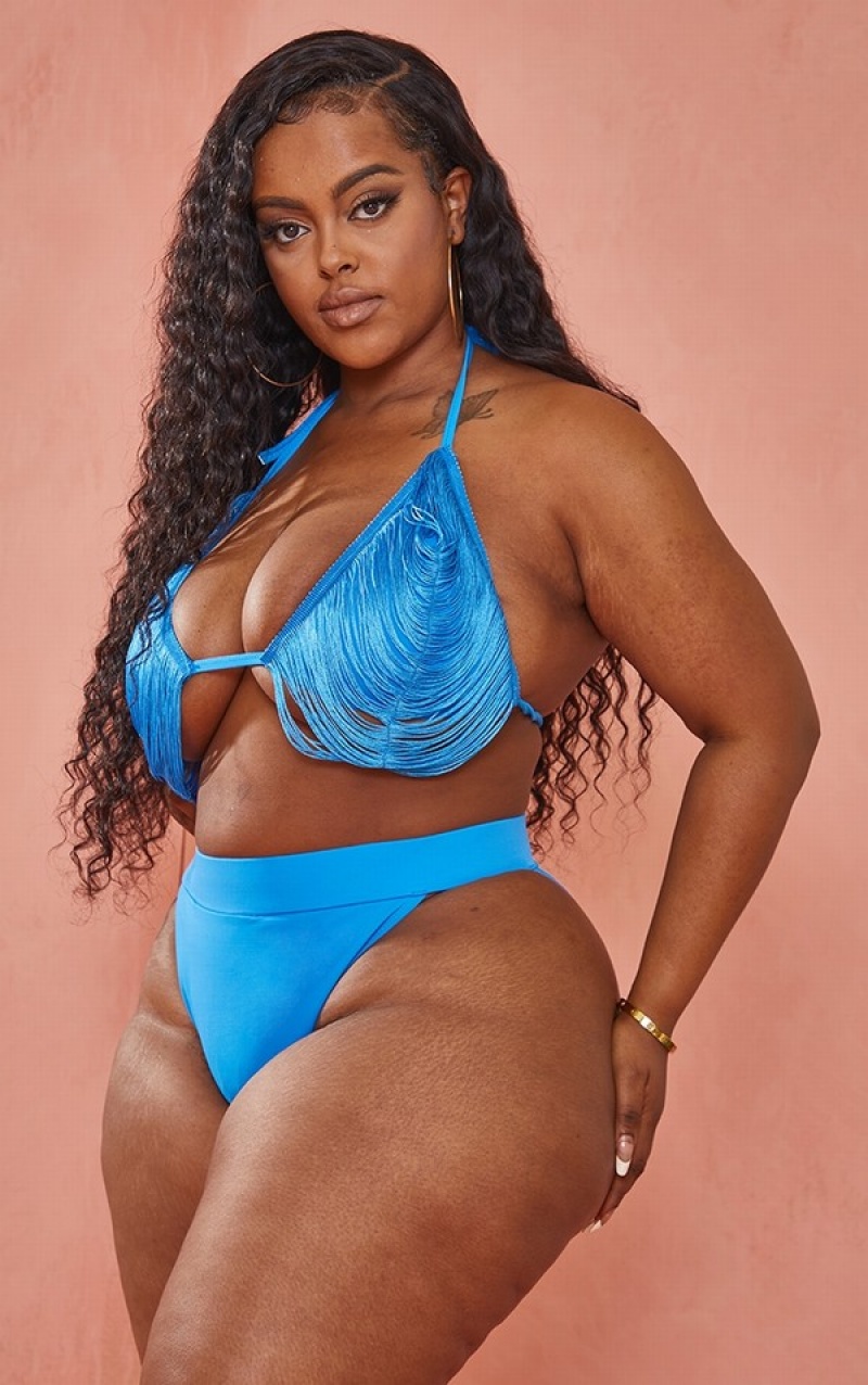 Pantaloni De Bikini Pretty Little Thing Plus Bright High Leg Albastri Deschis | JYMG36180