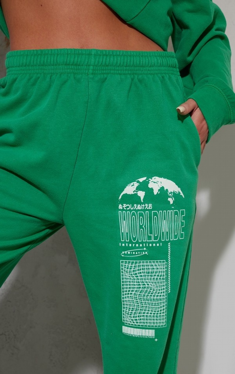 Pantaloni De Trening Pretty Little Thing Bright Washed Worldwide Printed Cuffed Verzi Deschis | ACFO07942