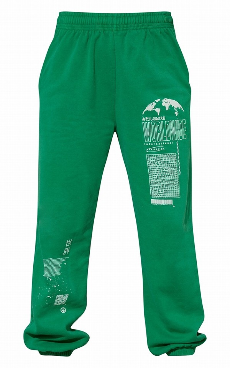 Pantaloni De Trening Pretty Little Thing Bright Washed Worldwide Printed Cuffed Verzi Deschis | ACFO07942