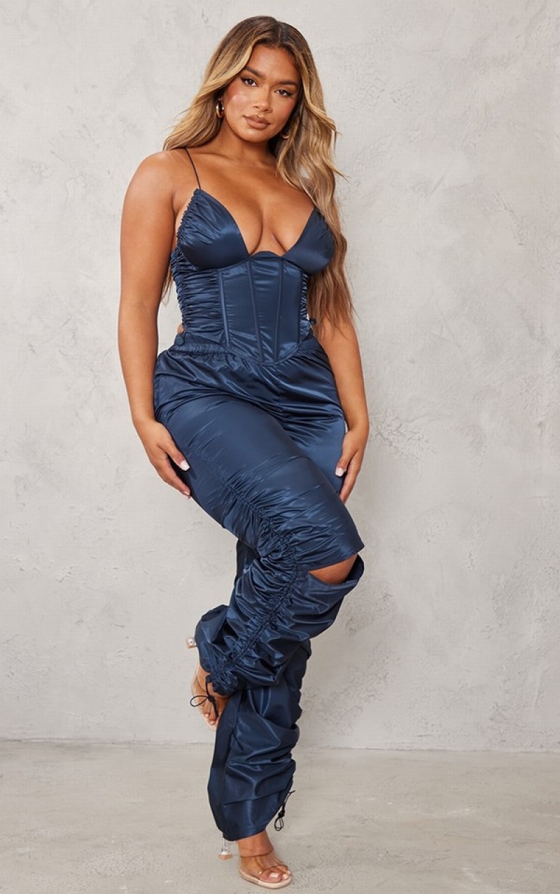 Pantaloni De Trening Pretty Little Thing Shape Shell Toggle Ruched Bleumarin | KHDU67149