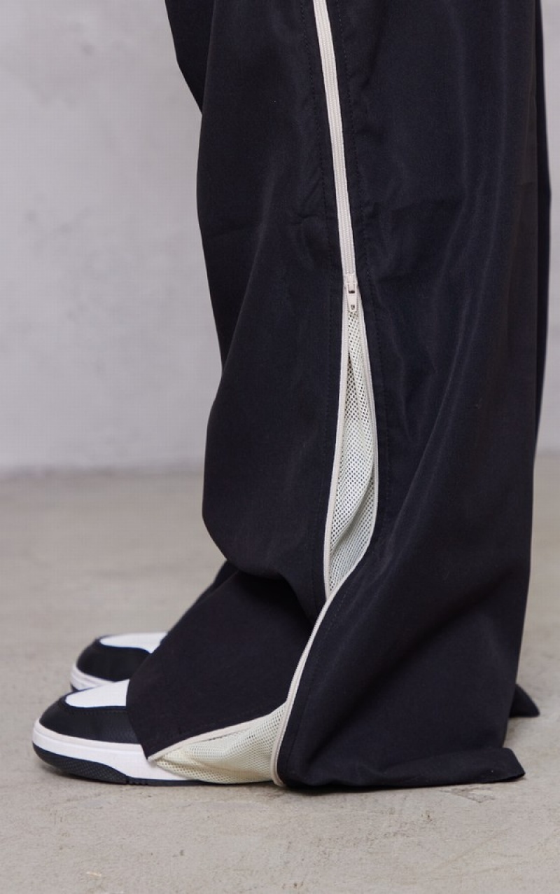 Pantaloni De Trening Pretty Little Thing Drawstring Talie Zip Side Low Rise Track Negrii | GTMK49206