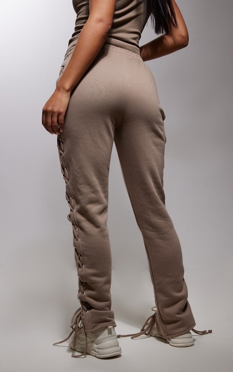 Pantaloni De Trening Pretty Little Thing Taupe Dantela Up Side Detail Oversized Gri Maro | ICMW42795