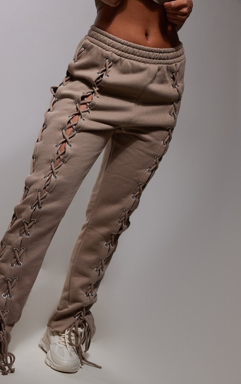 Pantaloni De Trening Pretty Little Thing Taupe Dantela Up Side Detail Oversized Gri Maro | ICMW42795