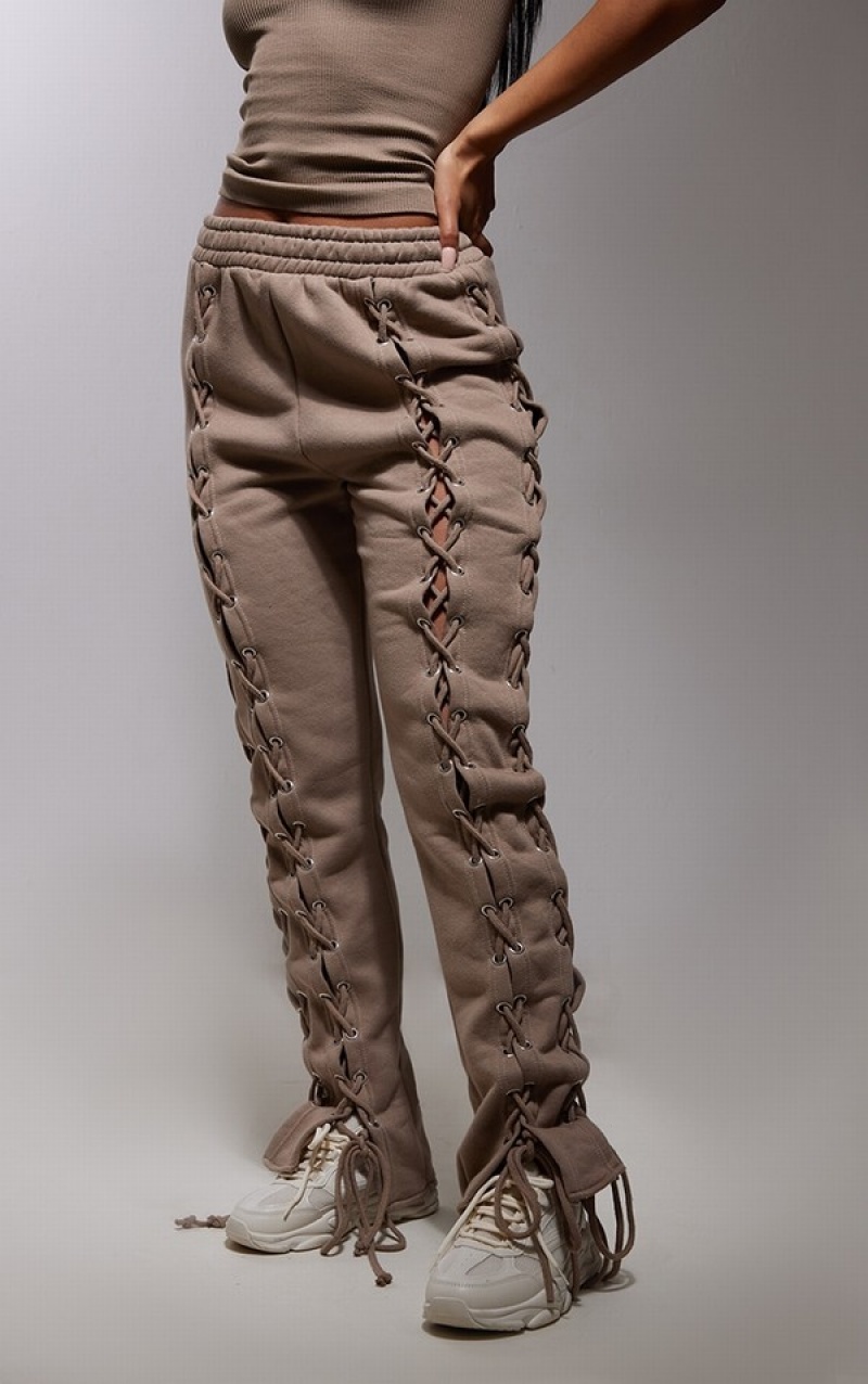 Pantaloni De Trening Pretty Little Thing Taupe Dantela Up Side Detail Oversized Gri Maro | ICMW42795