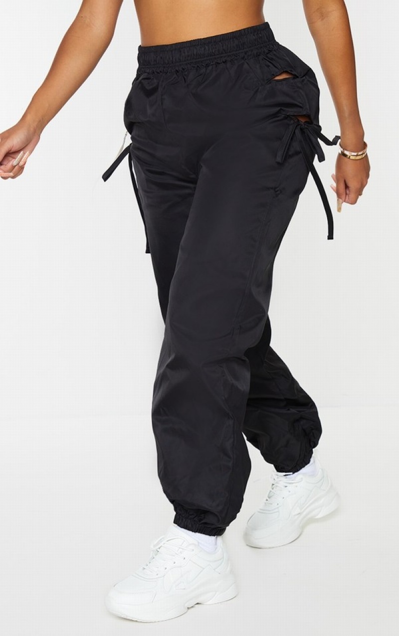 Pantaloni De Trening Pretty Little Thing Shape Tie Detail Cut Out Shell Negrii | NELF26094