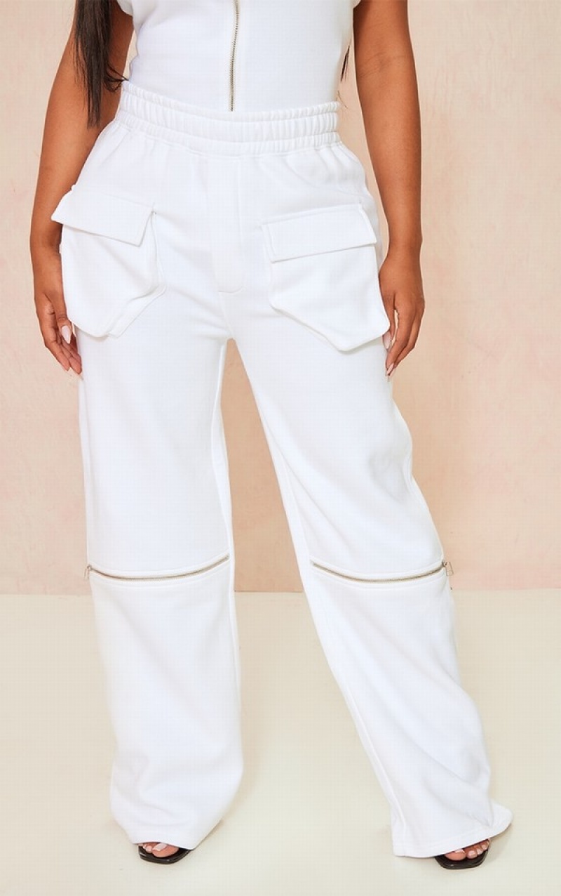 Pantaloni De Trening Pretty Little Thing Shape Utility Zip Front Largi Leg Albi | XIEL45830