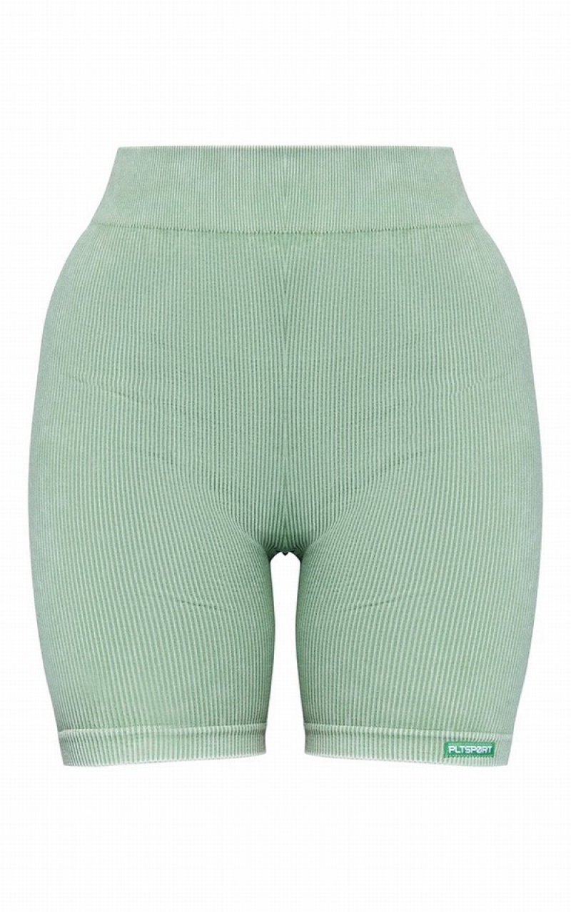 Pantaloni Scurti Pretty Little Thing Acid Wash Seamless Rib Ruched Bumy Kaki | SELA06352