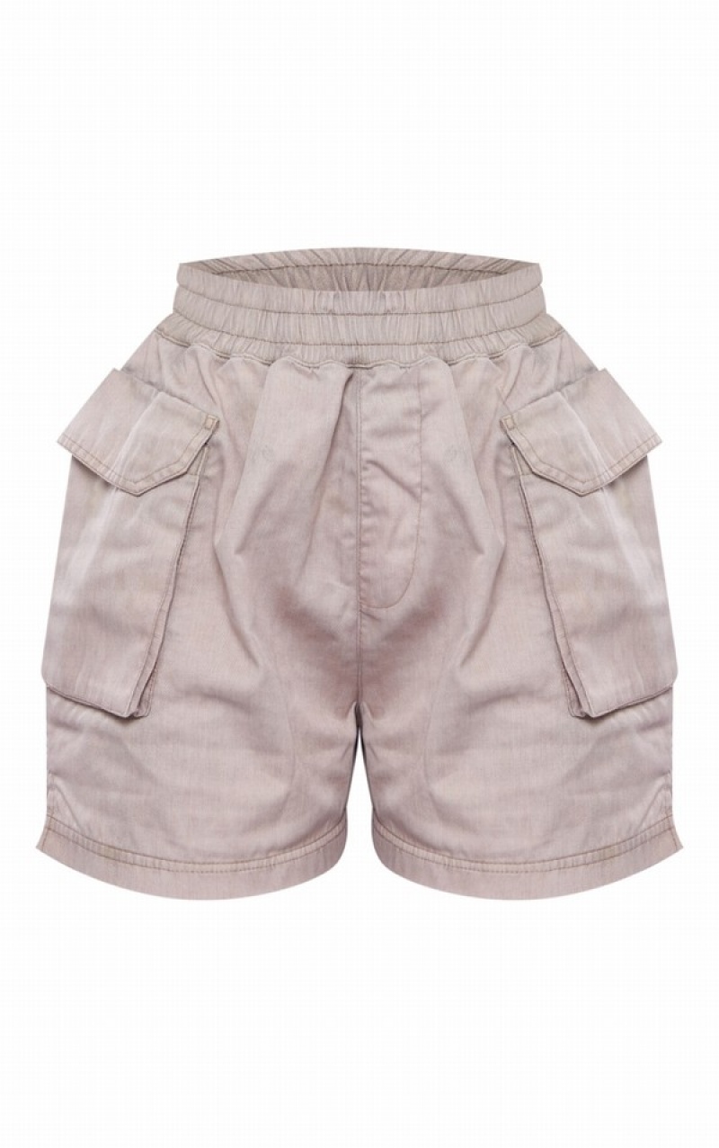 Pantaloni Scurti Pretty Little Thing Acid Wash Pocket Cargo Maro Deschis | KWFT49136