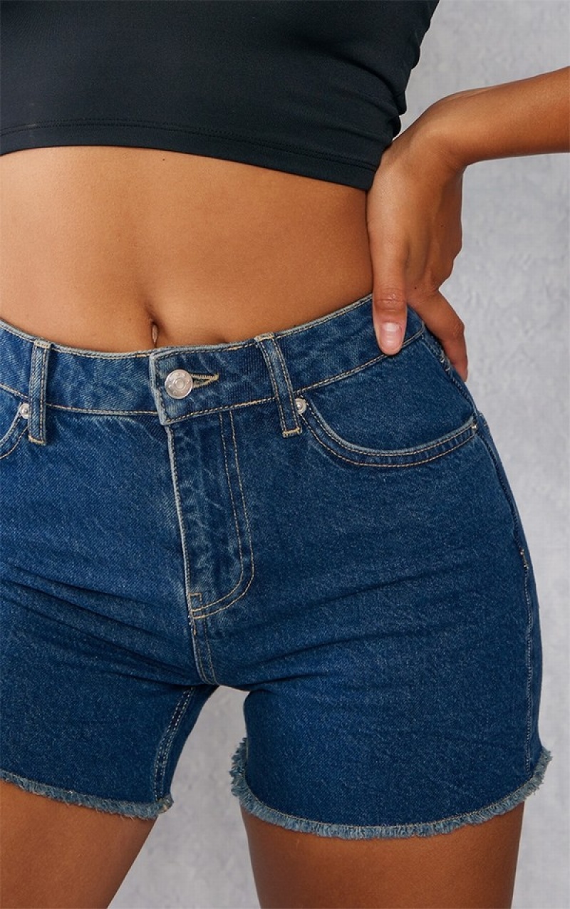 Pantaloni Scurti Pretty Little Thing Indigo Wash Raw Hem Mom Indigo Albastri Albastru Deschis | JXIK16784