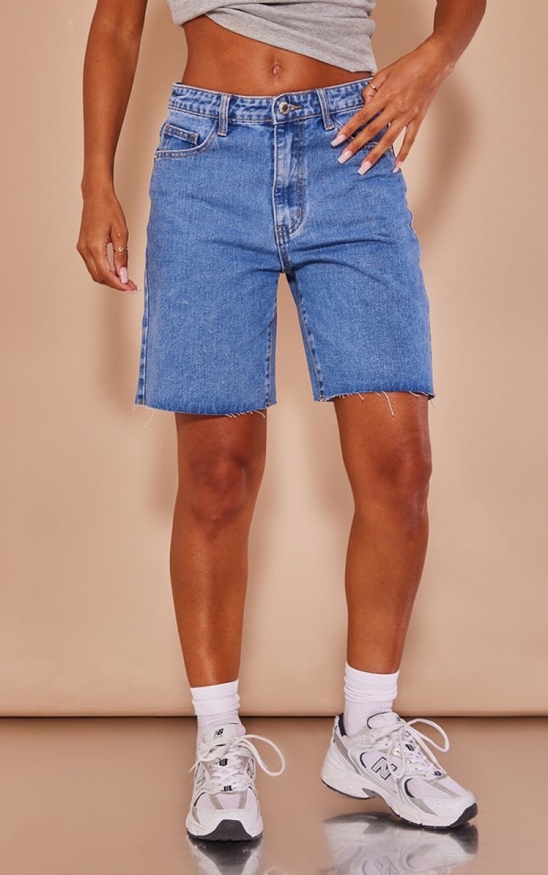 Pantaloni Scurti Pretty Little Thing Mid-High Wash Loose Fit Boyfriend Albastri Albastru Deschis | RGNI40725