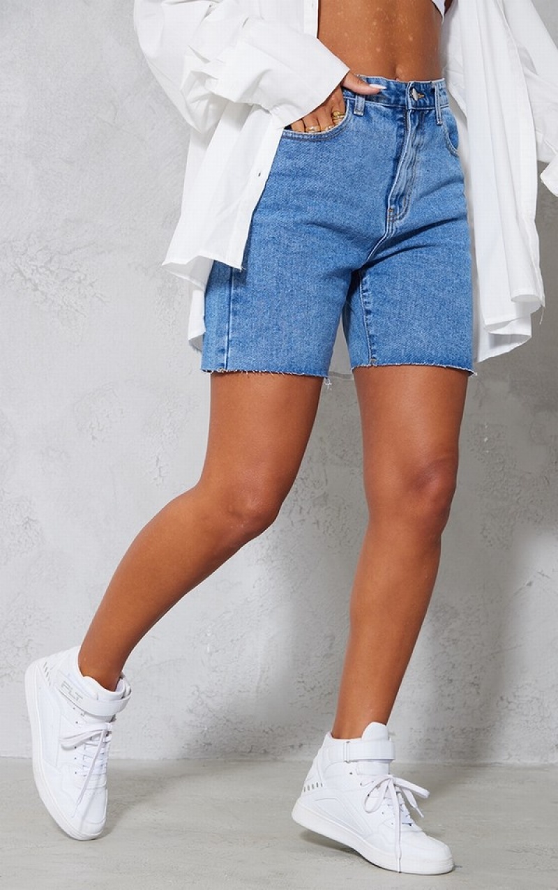 Pantaloni Scurti Pretty Little Thing Mid-High Wash Longline Fitted Albastri Albastru Deschis | JRMB47205