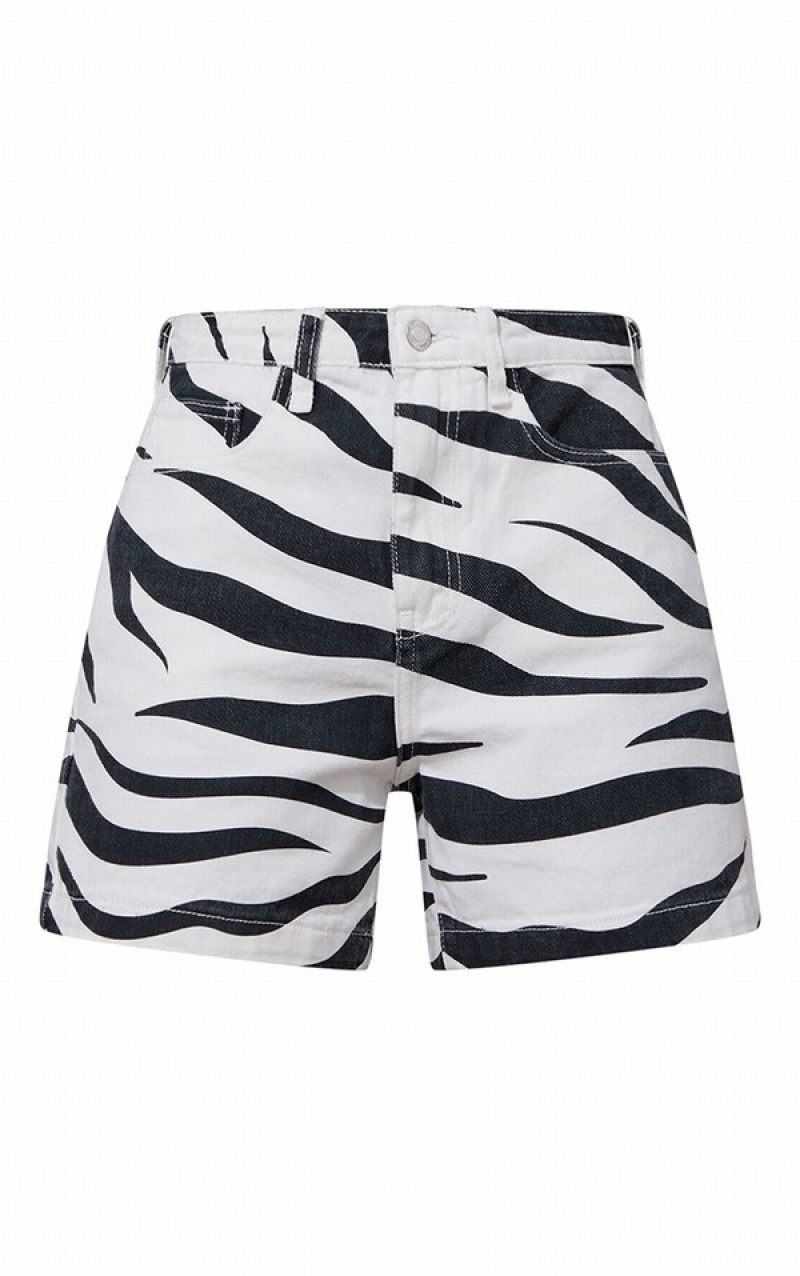 Pantaloni Scurti Pretty Little Thing Monochrome Zebra Print Mom Albi Negrii | JAHE17083