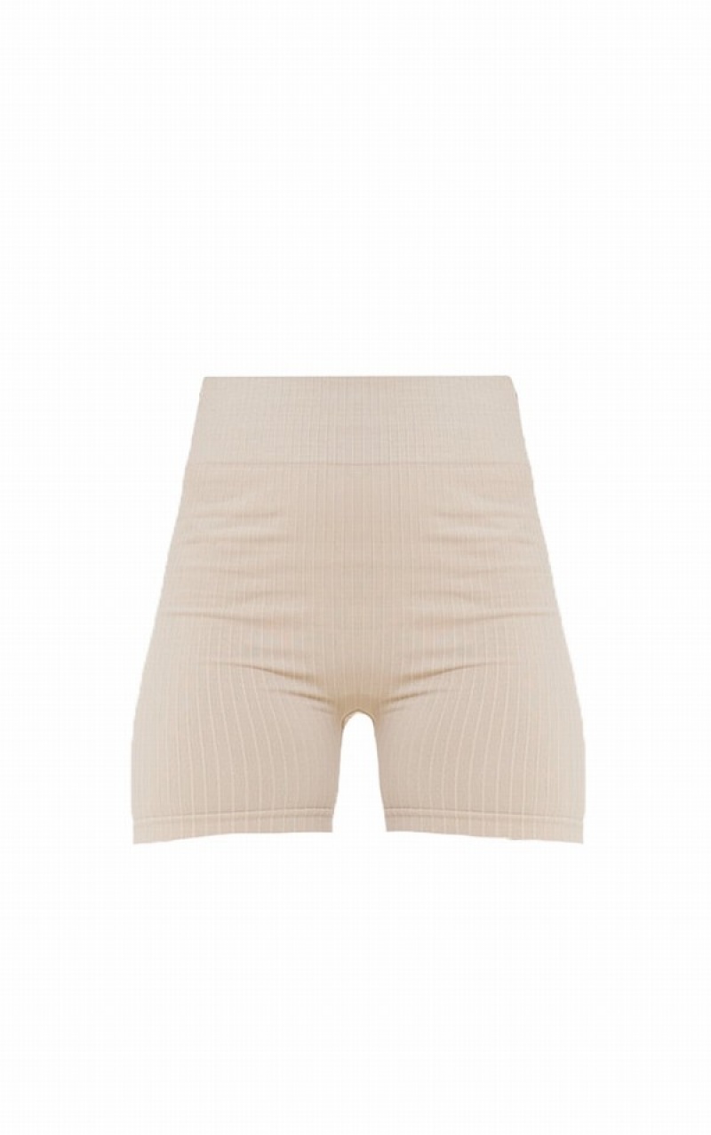 Pantaloni Scurti Pretty Little Thing Oatmeal In Dungi Rib Seamless Biciclist Bej | WYZU12056