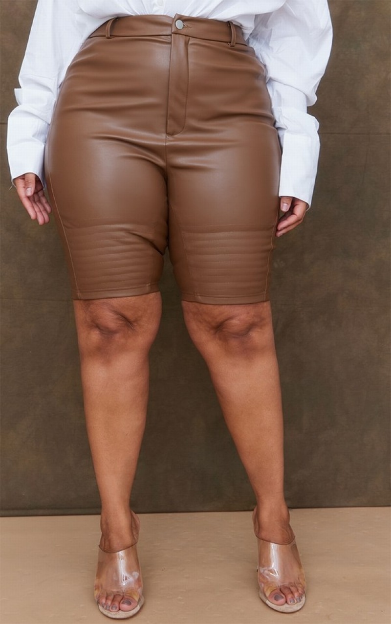 Pantaloni Scurti Pretty Little Thing Plus Faux Piele TailoSeam Detail Ciocolata | XAGM38107