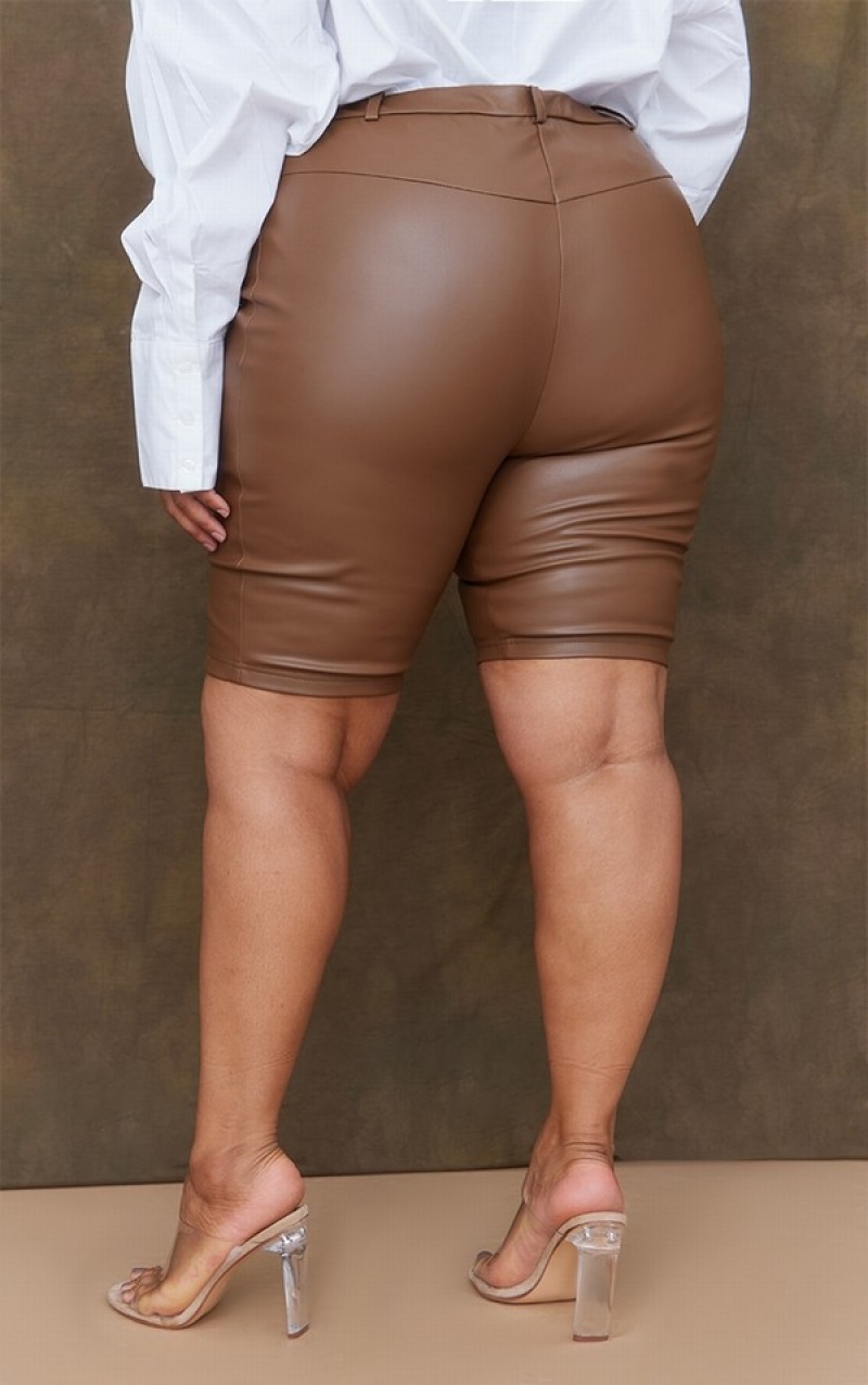 Pantaloni Scurti Pretty Little Thing Plus Faux Piele TailoSeam Detail Ciocolata | XAGM38107