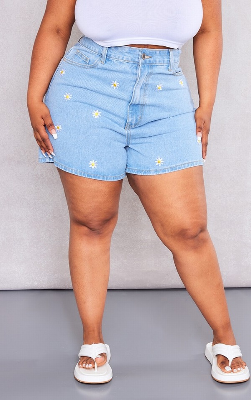 Pantaloni Scurti Pretty Little Thing Plus Wash Embroidered Albastri Deschis Albastru Deschis | MFVZ31072