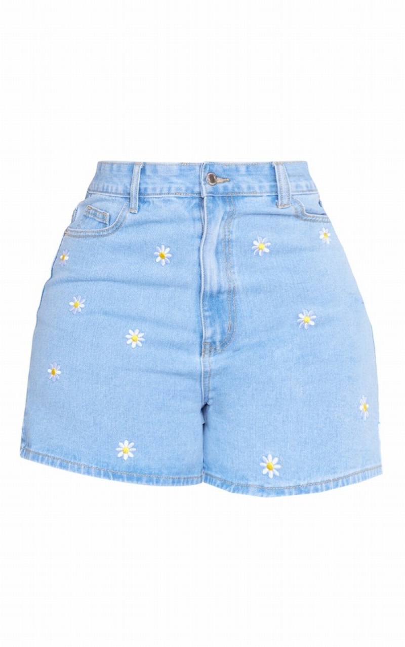 Pantaloni Scurti Pretty Little Thing Plus Wash Embroidered Albastri Deschis Albastru Deschis | MFVZ31072
