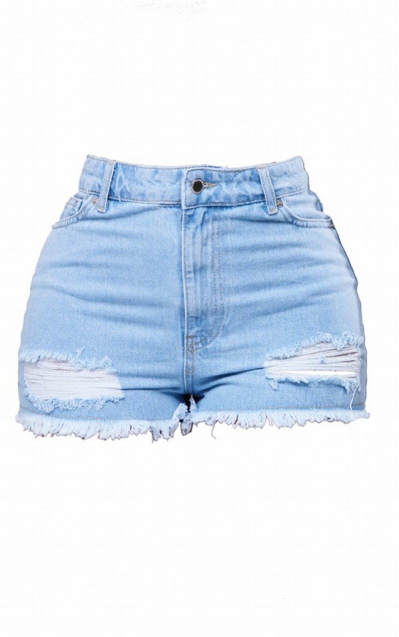 Pantaloni Scurti Pretty Little Thing Shape Wash Ripped Hem Albastri Albastru Deschis | GHRN14756