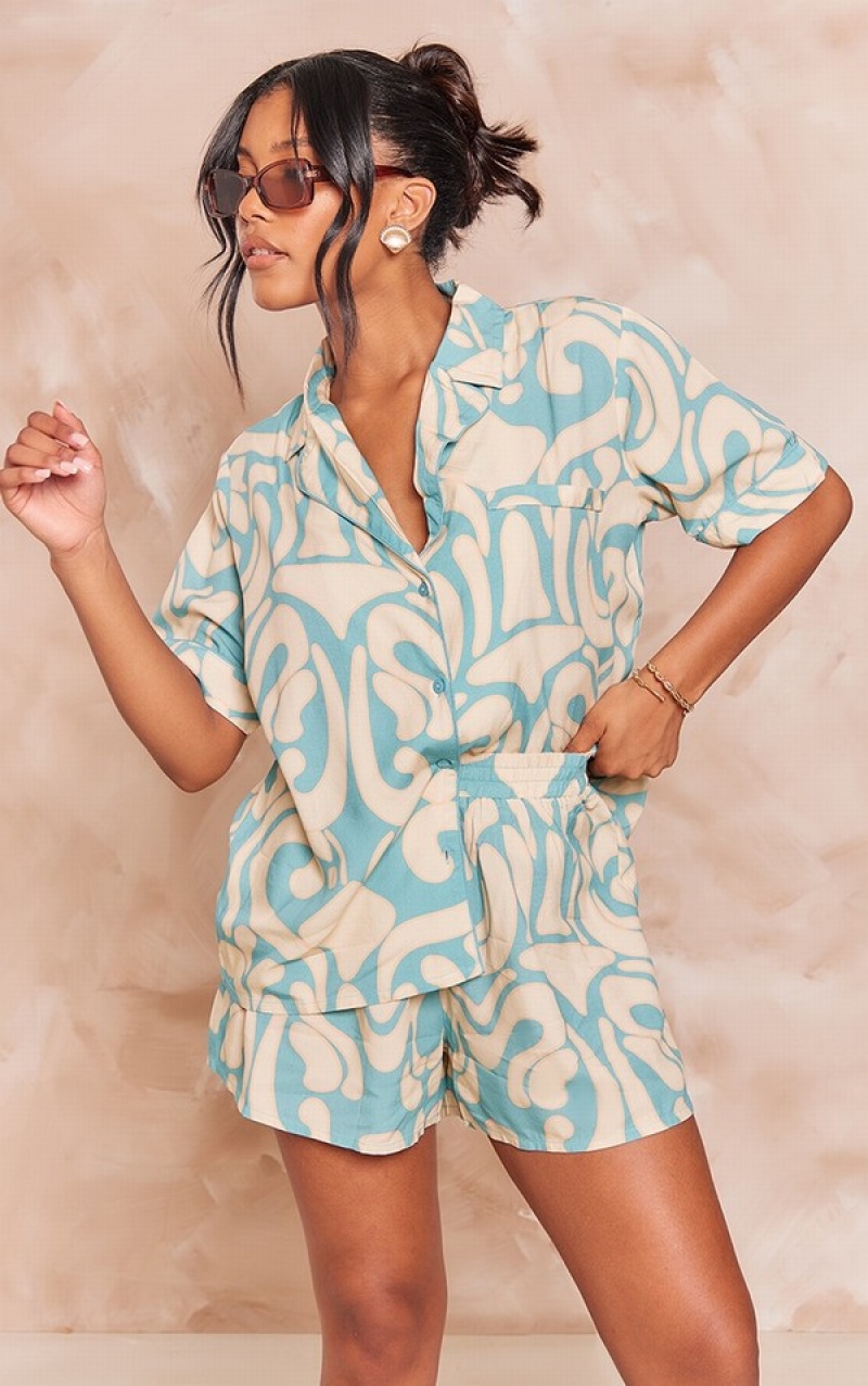 Pantaloni Scurti Pretty Little Thing Tile Print Woven Piping Detail Floaty Albastri | UEPH67953