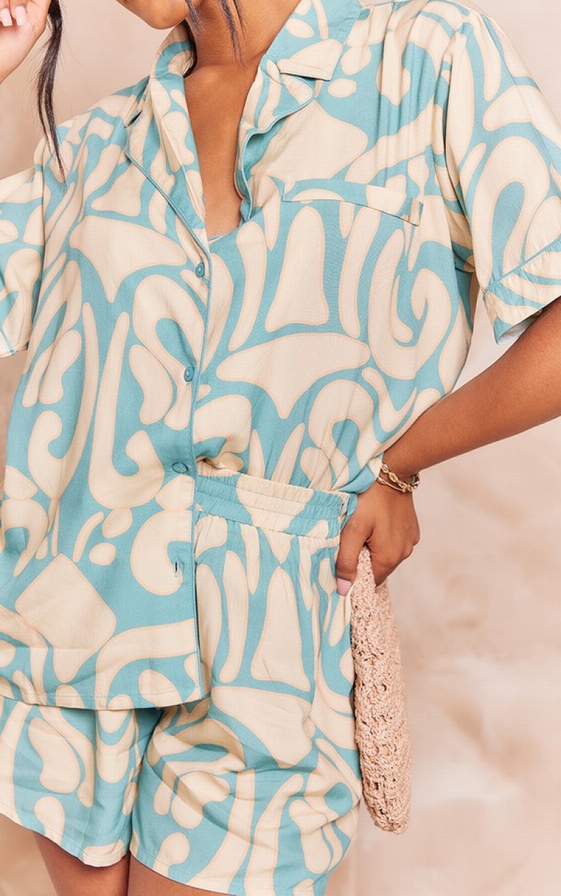 Pantaloni Scurti Pretty Little Thing Tile Print Woven Piping Detail Floaty Albastri | UEPH67953
