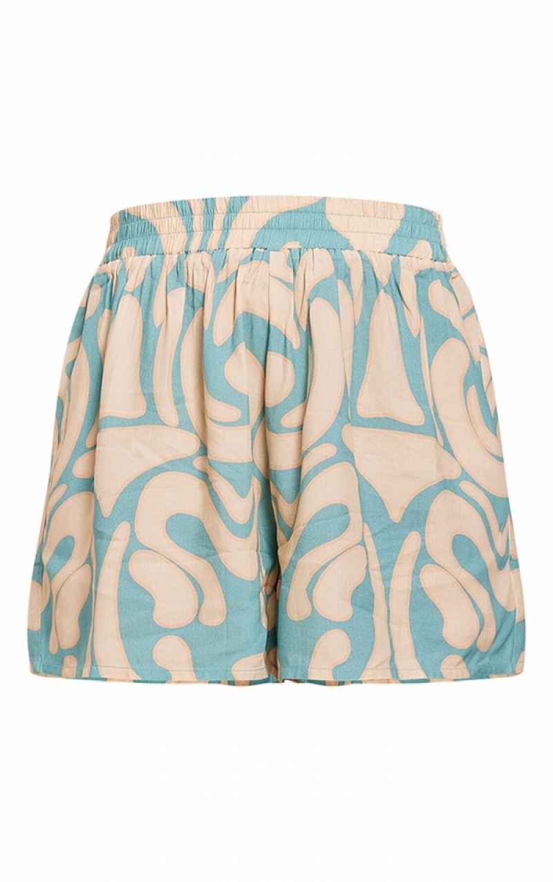 Pantaloni Scurti Pretty Little Thing Tile Print Woven Piping Detail Floaty Albastri | UEPH67953