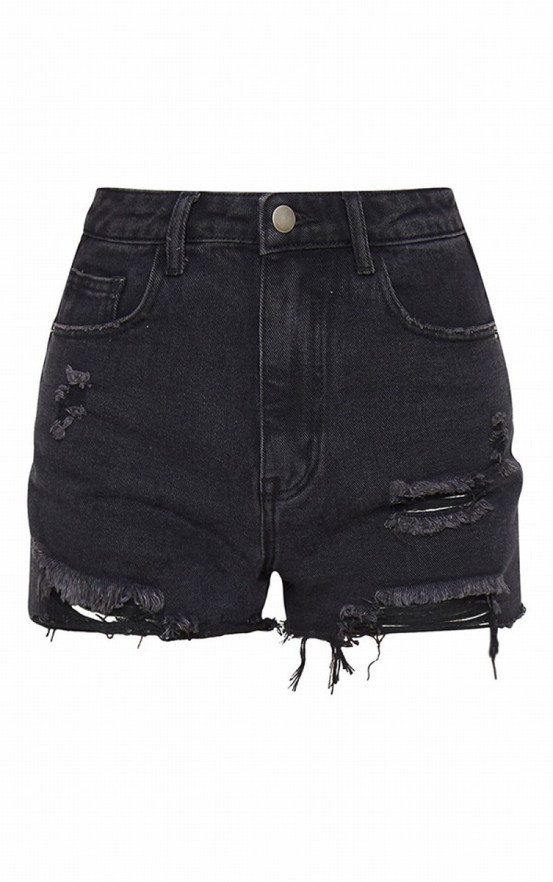 Pantaloni Scurti Pretty Little Thing Washed Ripped Negrii | XZMN07189
