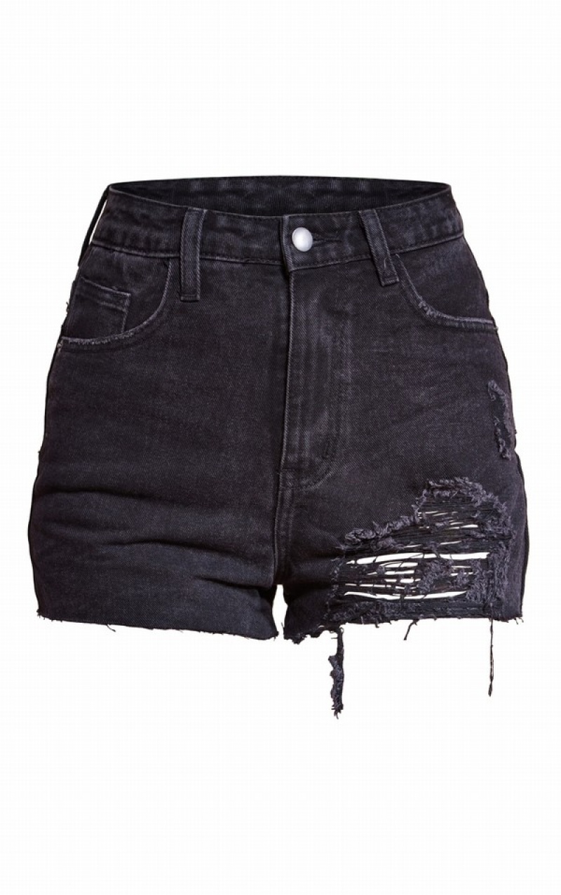 Pantaloni Scurti Pretty Little Thing Washed Ripped Mom Negrii | RBWE78146