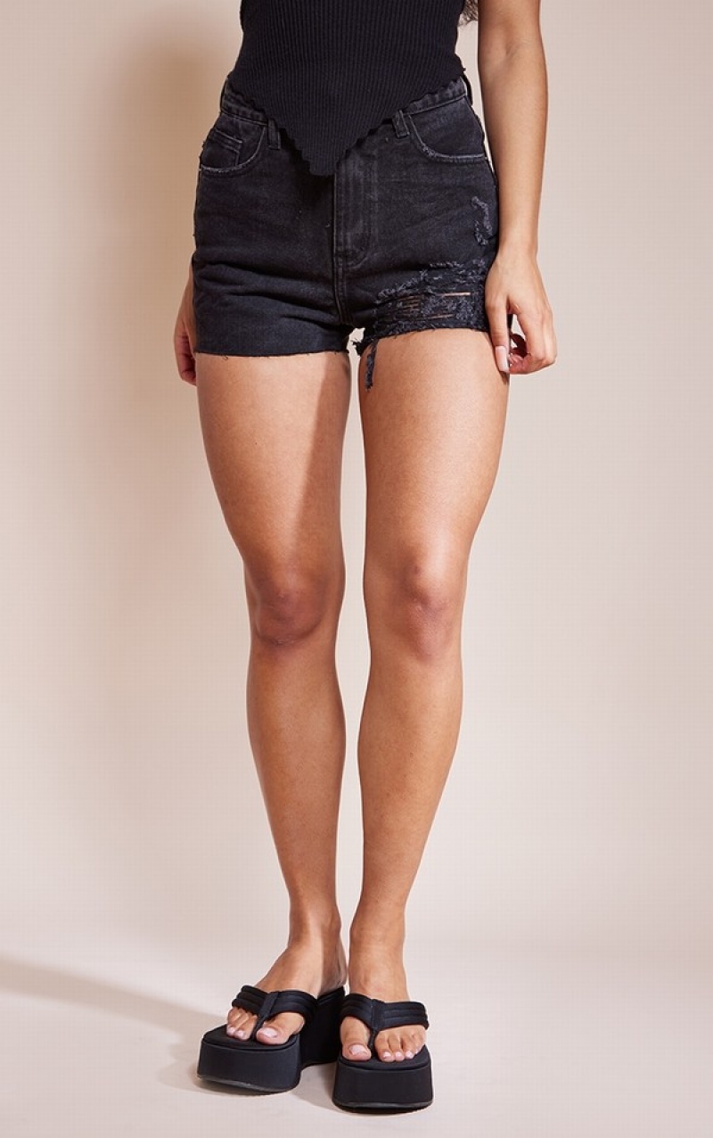 Pantaloni Scurti Pretty Little Thing Washed Ripped Mom Negrii | RBWE78146