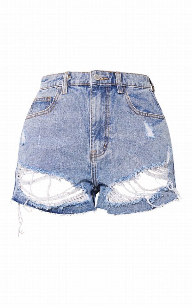 Pantaloni Scurti Pretty Little Thing Wash Ripped Hem Albastri Deschis Albastru Deschis | DCRM01398
