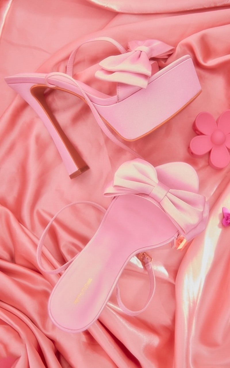 Pantofi Cu Toc Pretty Little Thing Baby Satin Round Bombeu Bow Detail Highed Platforms Roz | NAUL43582