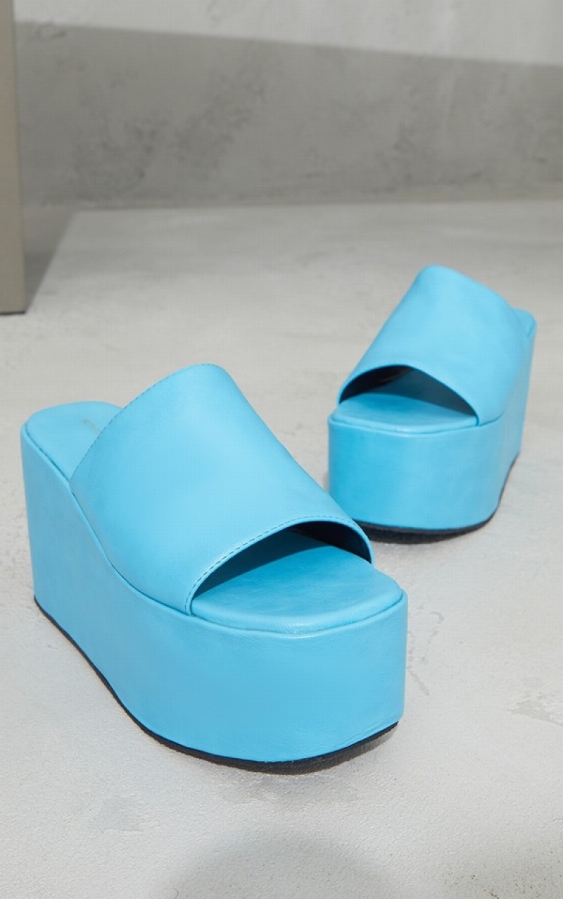 Pantofi Cu Toc Pretty Little Thing Bright PU Square Bombeu Platforms Albastri Deschis | DUGI32184