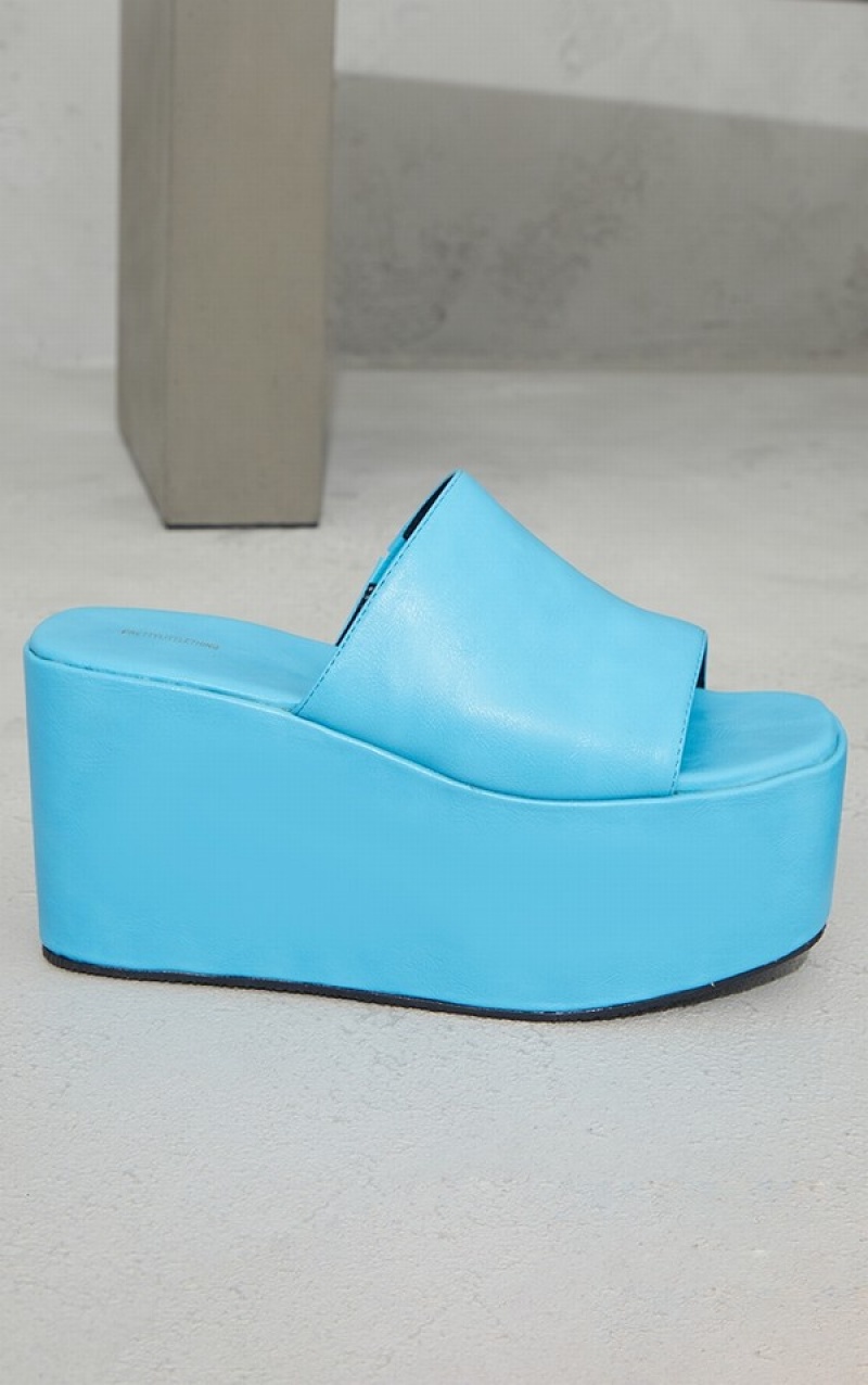 Pantofi Cu Toc Pretty Little Thing Bright PU Square Bombeu Platforms Albastri Deschis | DUGI32184