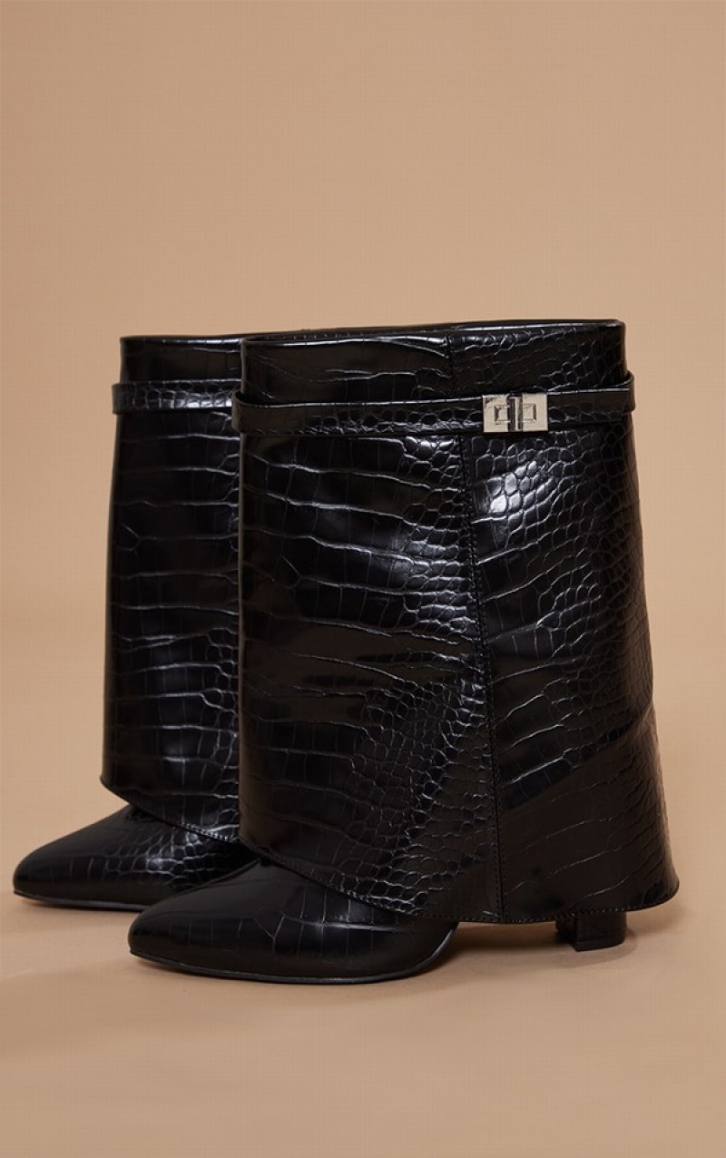 Pantofi Cu Toc Pretty Little Thing Croc PU Point Bombeu Fold Over Largi Fit Block Negrii | CLFD72980