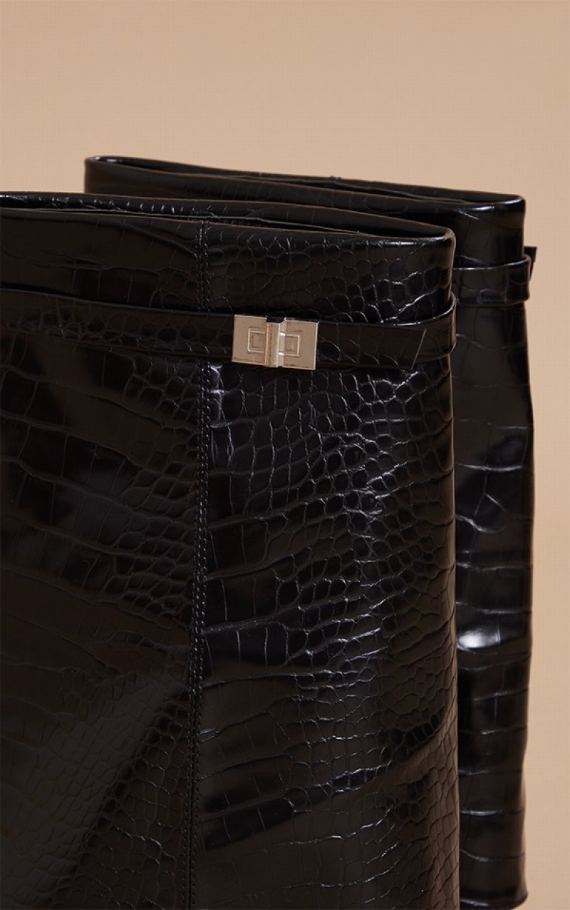 Pantofi Cu Toc Pretty Little Thing Croc PU Point Bombeu Fold Over Largi Fit Block Negrii | CLFD72980