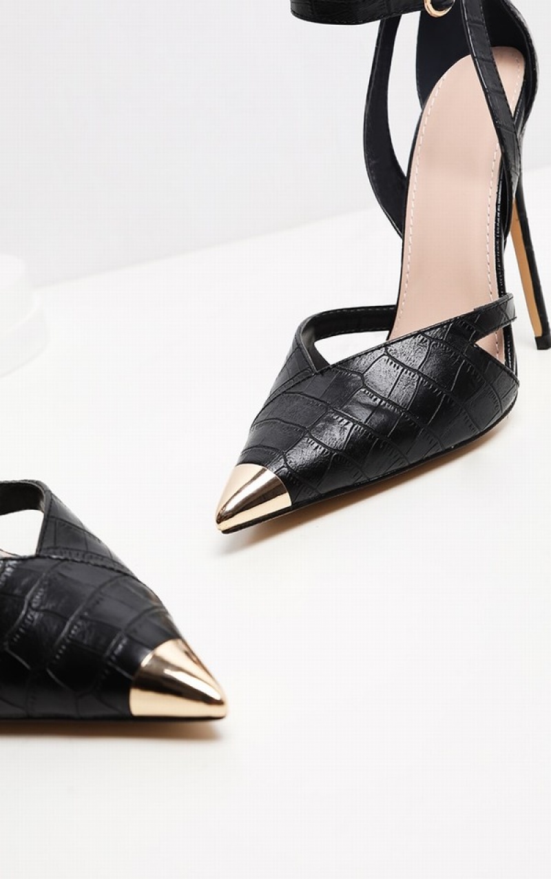 Pantofi Cu Toc Pretty Little Thing Cut Out Metal Bombeu Court Shoe Negrii | JLBZ01267
