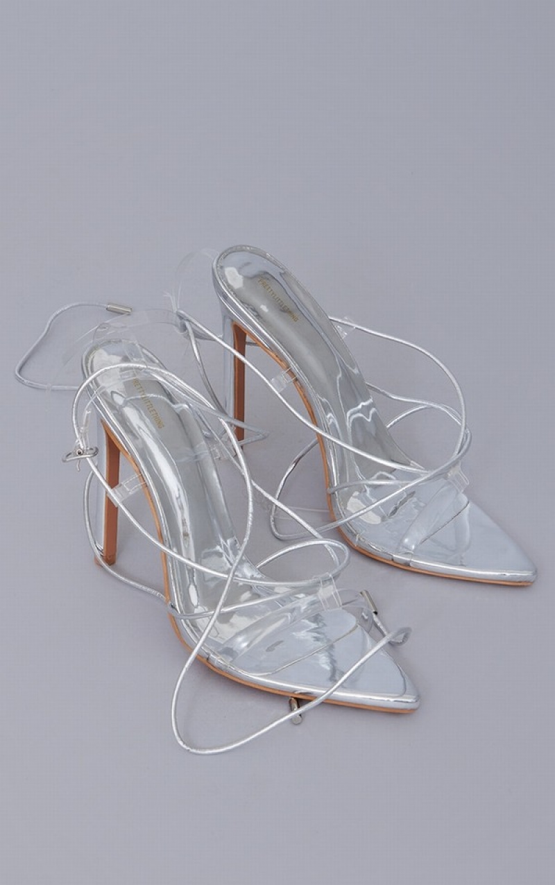 Pantofi Cu Toc Pretty Little Thing Dantela Up Pointed Bombeu Argintii | IWPB51263