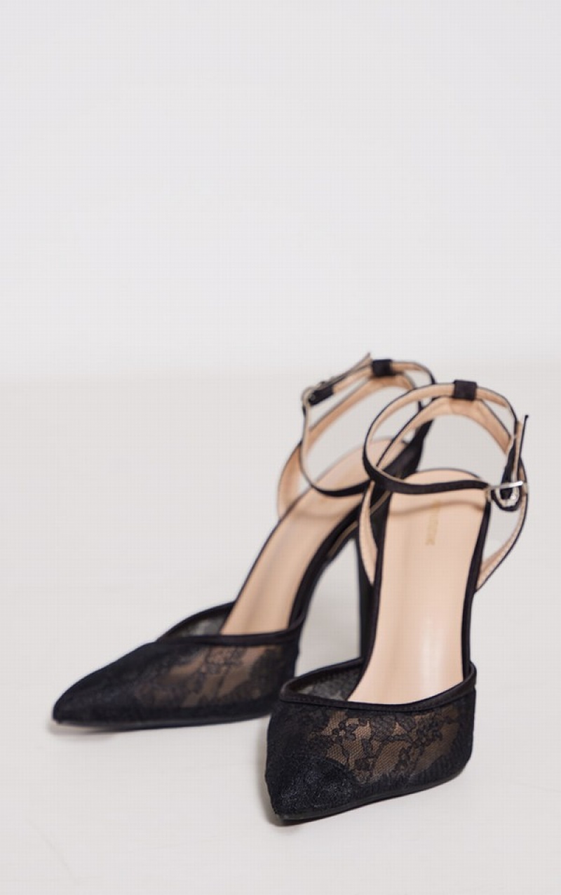 Pantofi Cu Toc Pretty Little Thing Dantela Point Bombeu Mided Courts Negrii | VDLM45183