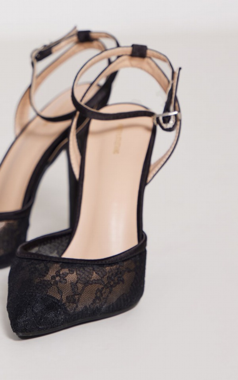 Pantofi Cu Toc Pretty Little Thing Dantela Point Bombeu Mided Courts Negrii | VDLM45183