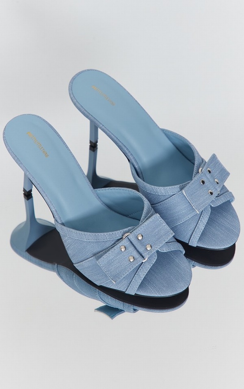 Pantofi Cu Toc Pretty Little Thing Denim Pu Round Bombeu Cu Catarama Fixare Curea Detail Albastri | OZMW65978