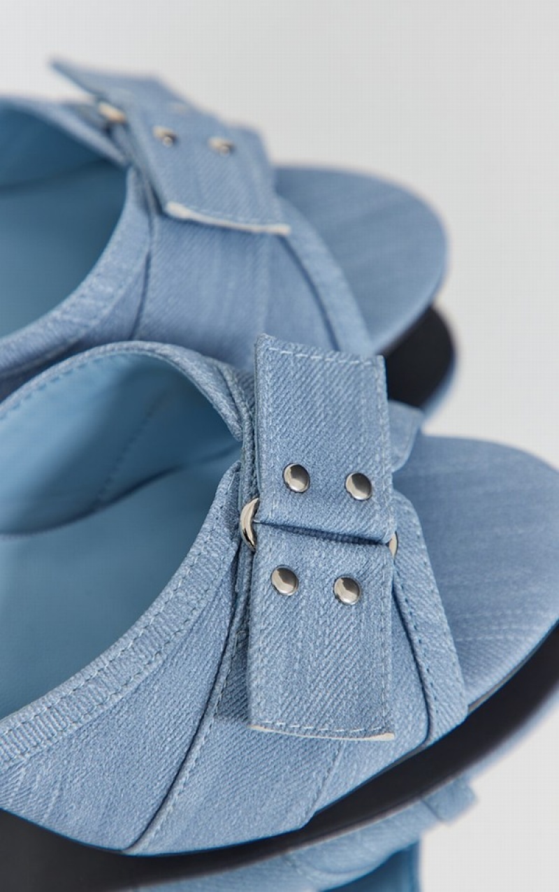 Pantofi Cu Toc Pretty Little Thing Denim Pu Round Bombeu Cu Catarama Fixare Curea Detail Albastri | OZMW65978