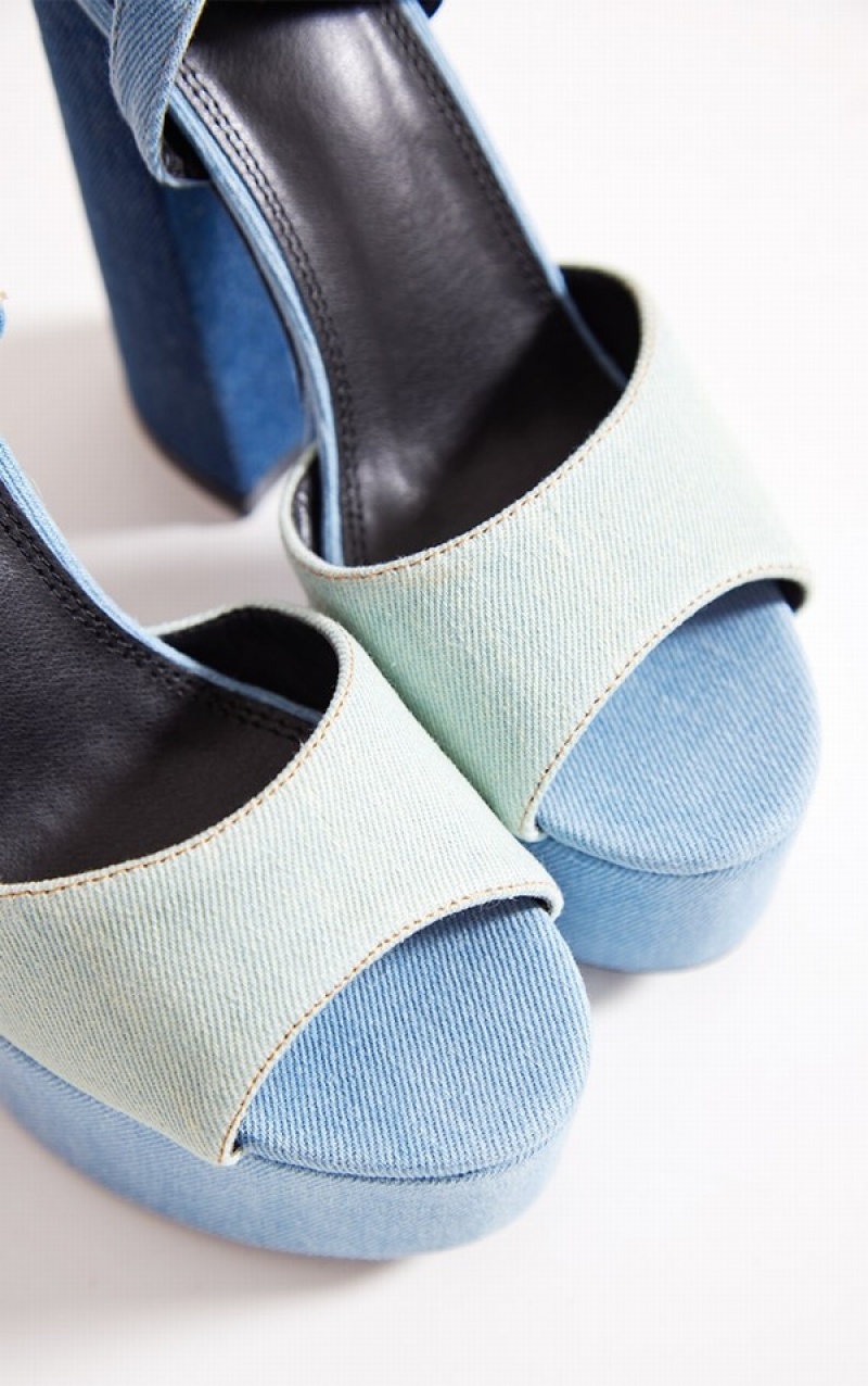 Pantofi Cu Toc Pretty Little Thing Denim Round Bombeu Patch Lucru Highed Platforms Albastri | VQZJ27564