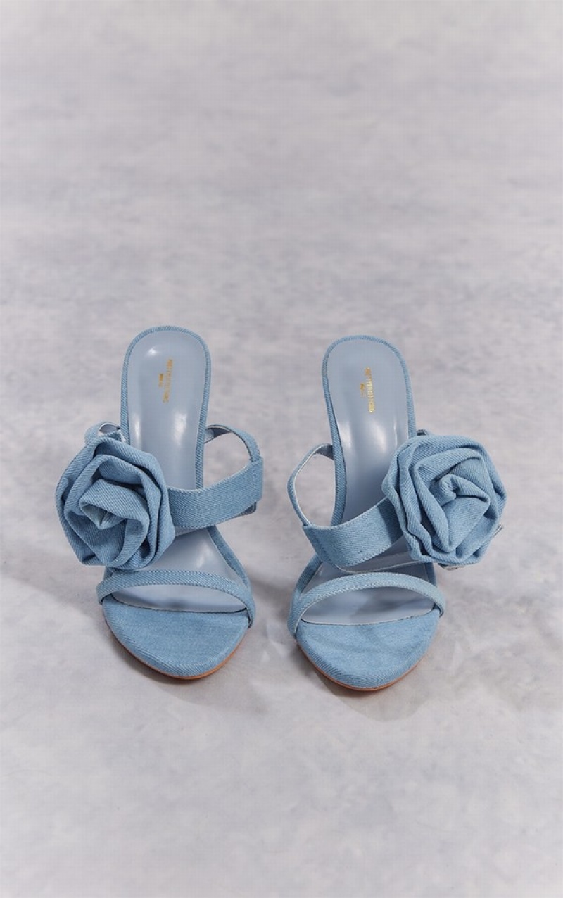 Pantofi Cu Toc Pretty Little Thing Denim Round Bombeu Side Detail High Albastri | CJWB50873