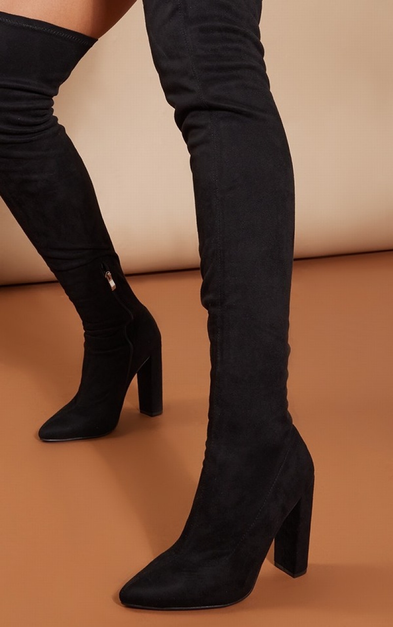 Pantofi Cu Toc Pretty Little Thing Faux Piele Intoarsa Rounded Point Bombeu Over The Kneeed Negrii | ZMKC16795