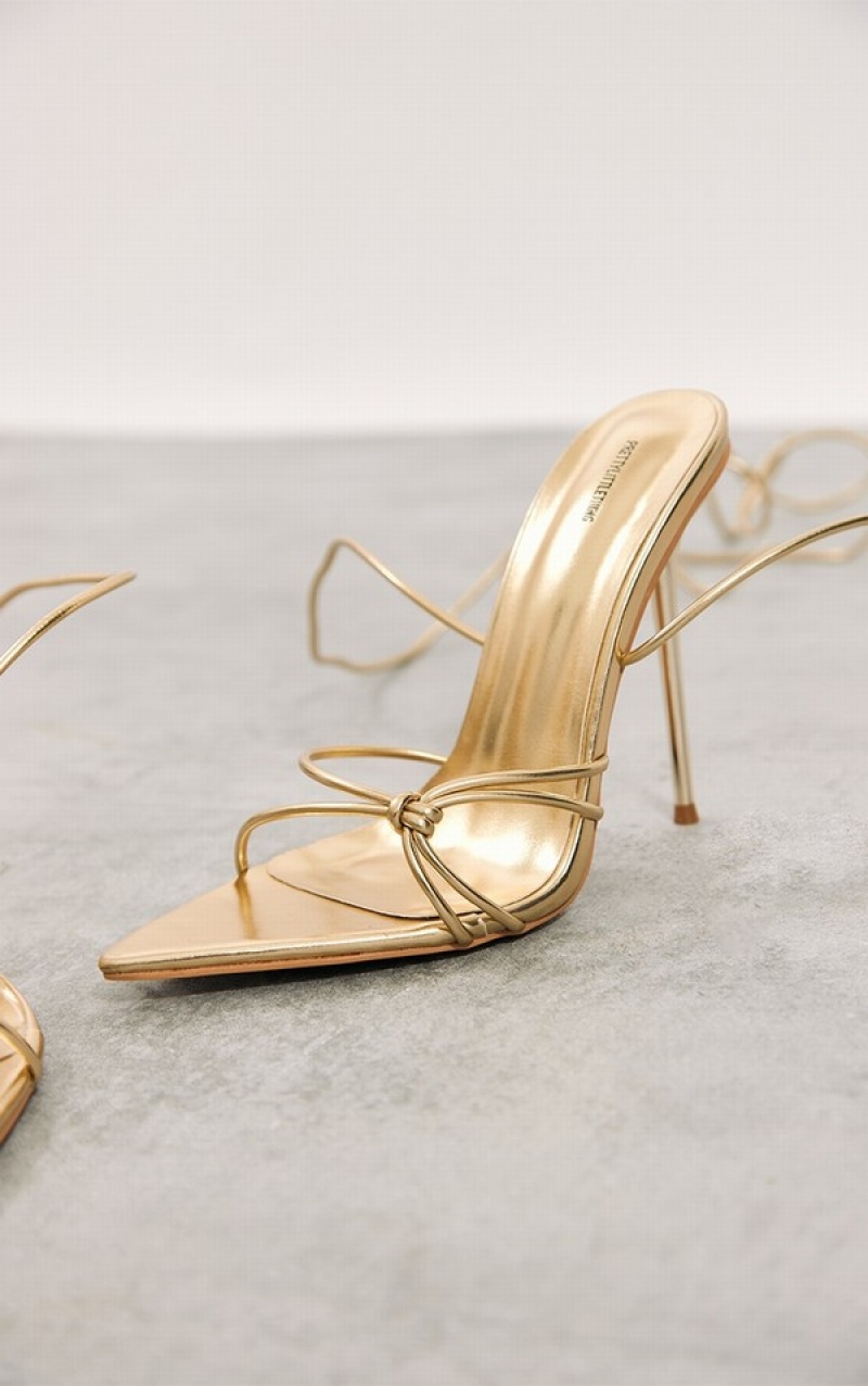 Pantofi Cu Toc Pretty Little Thing Faux Piele Metallic Pointed Knot Detail Tie Up Aurii | BOXF73049