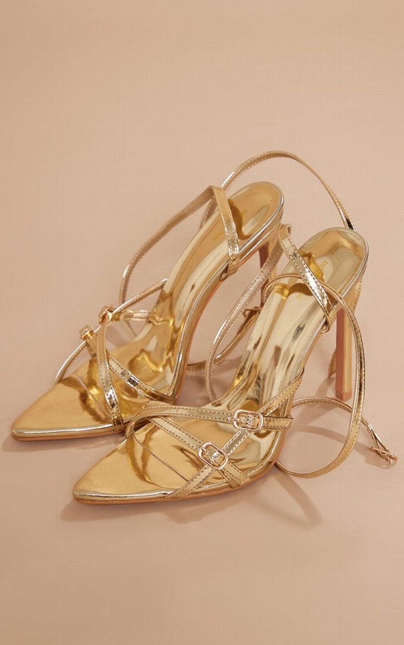 Pantofi Cu Toc Pretty Little Thing Lacuita Pointed Bombeu Double Side Cu Catarama Detail Ankle Curea Aurii | QDRW15269