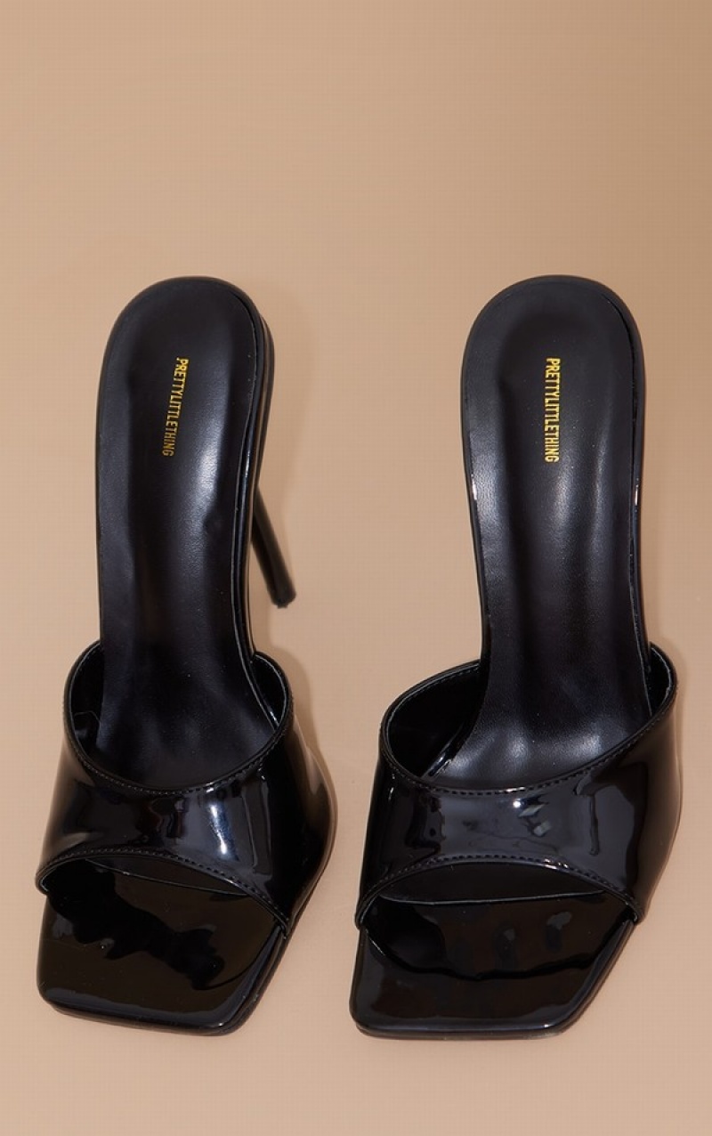 Pantofi Cu Toc Pretty Little Thing Lacuita Square Bombeu Stil Curea Round Stiletto Negrii | EHNY35427